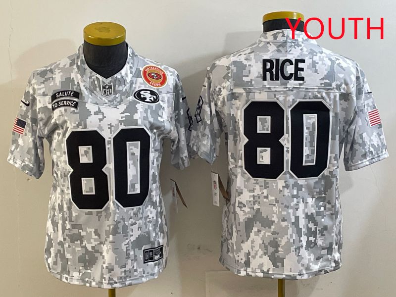 Youth San Francisco 49ers #80 Rice Nike Arctic Camo 2025 Salute to Service Limited NFL Jersey style 6